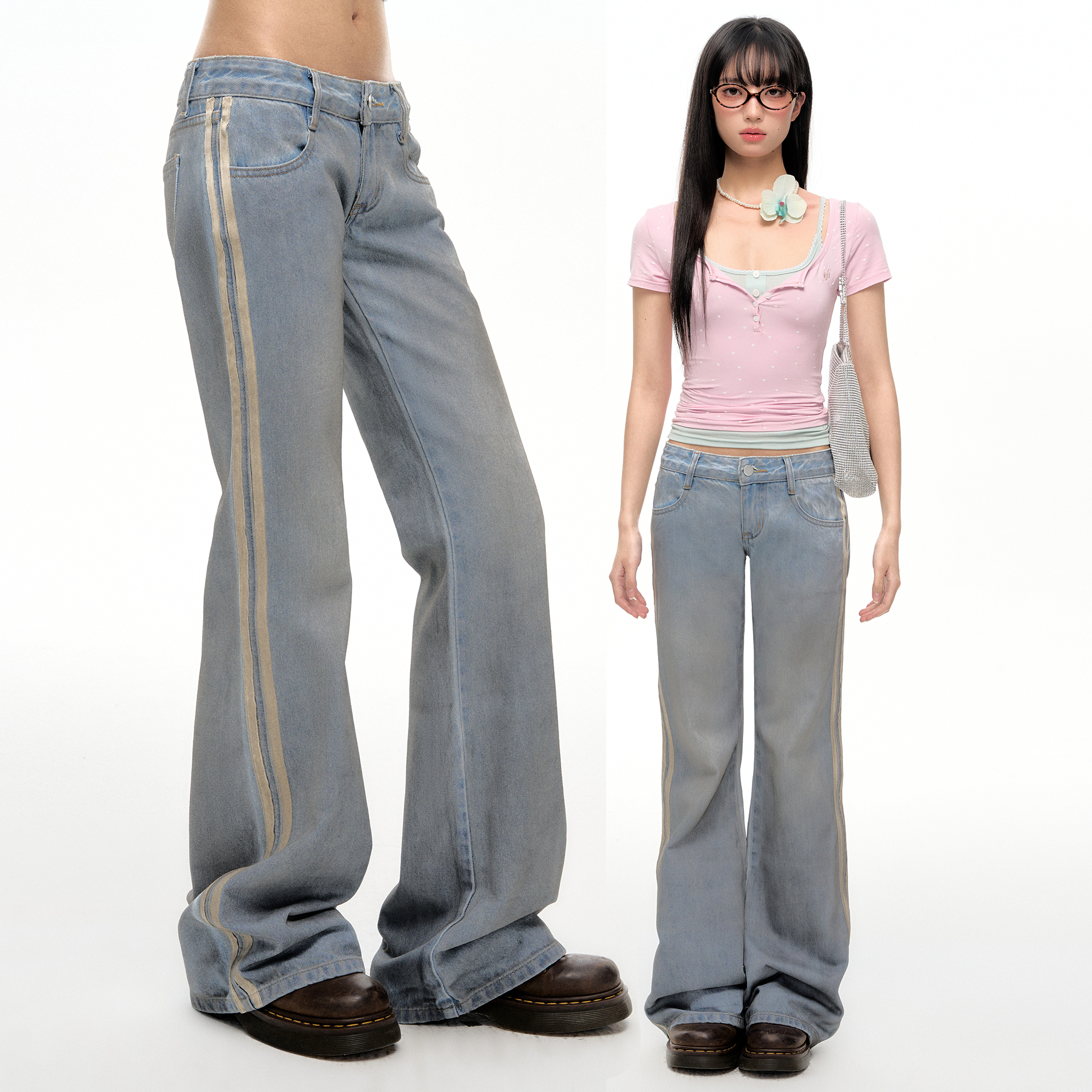 NECY美式复古浅蓝双杠牛仔裤女设计感低腰显瘦微喇裤