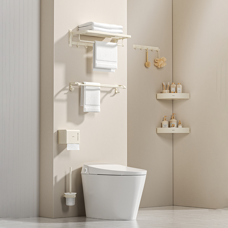 Hegii/恒洁太空铝奶油枪灰浴室挂件套装白色卫生间耐磨免钉胶921