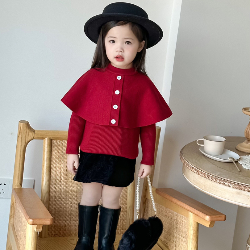 韩版童装女童针织衫2024新款春秋装洋气时髦斗篷毛衣红色打底衫