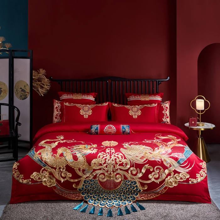 格丽芬婚庆馆高货长绒棉提花加绣花大红色天朝贺禧-陪嫁结婚婚房