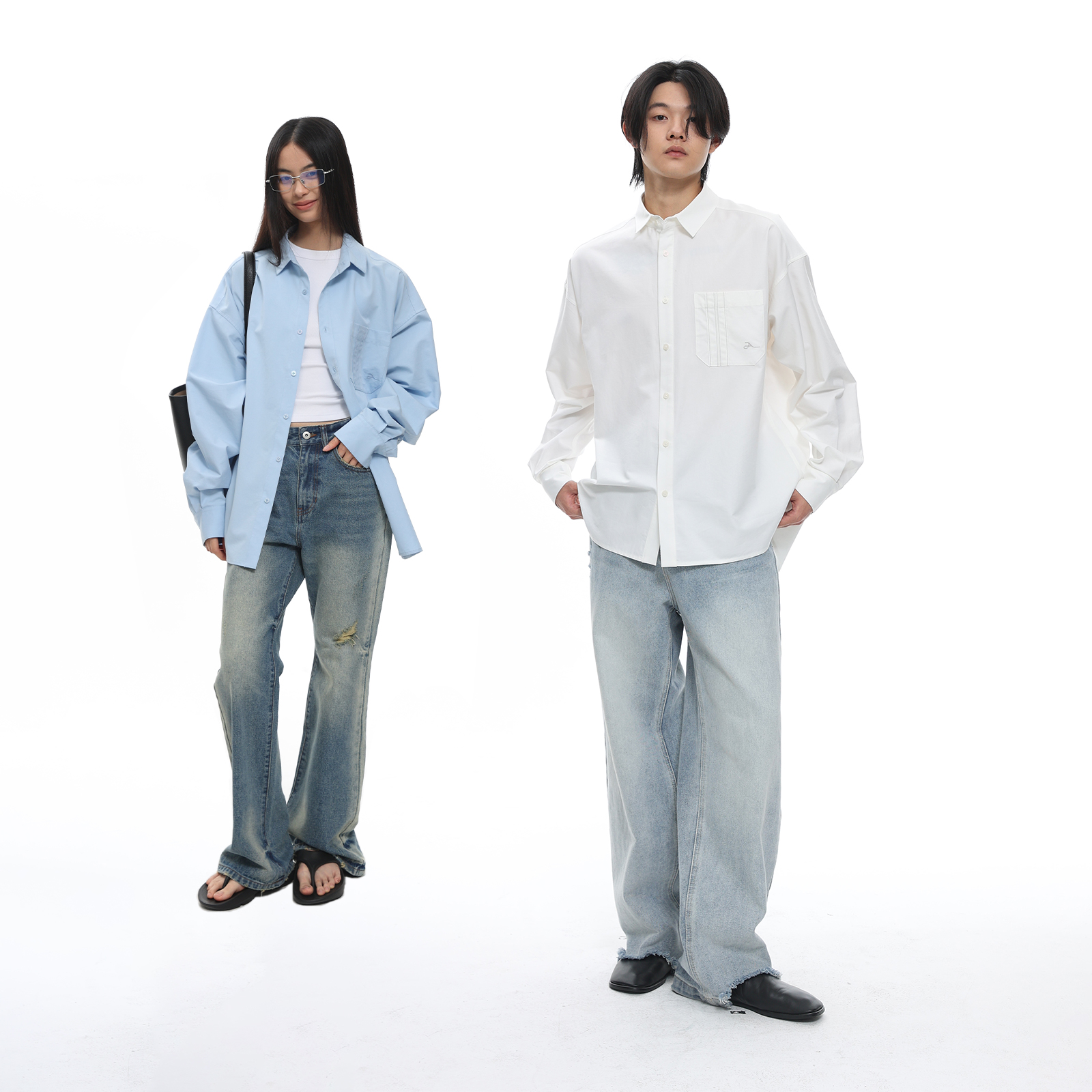 ARCH 咆哮野兽 白色/蓝色口袋通勤长袖衬衫