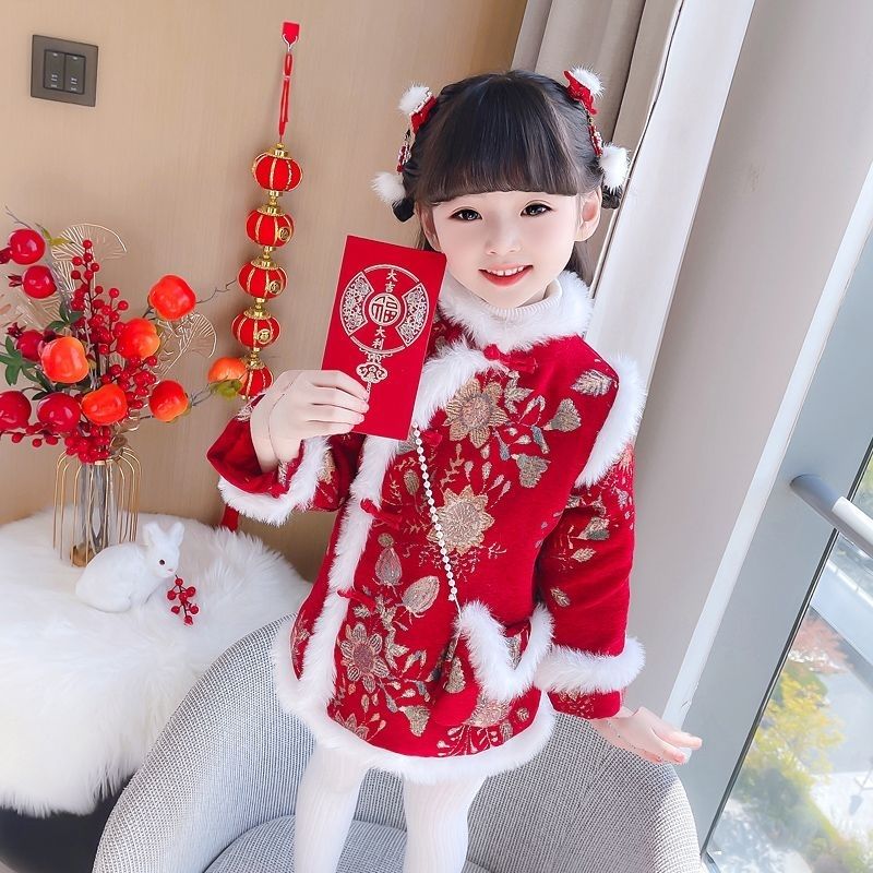 女童拜年儿童旗袍中国新款冬季加厚冬装加绒唐装过年宝宝新年服