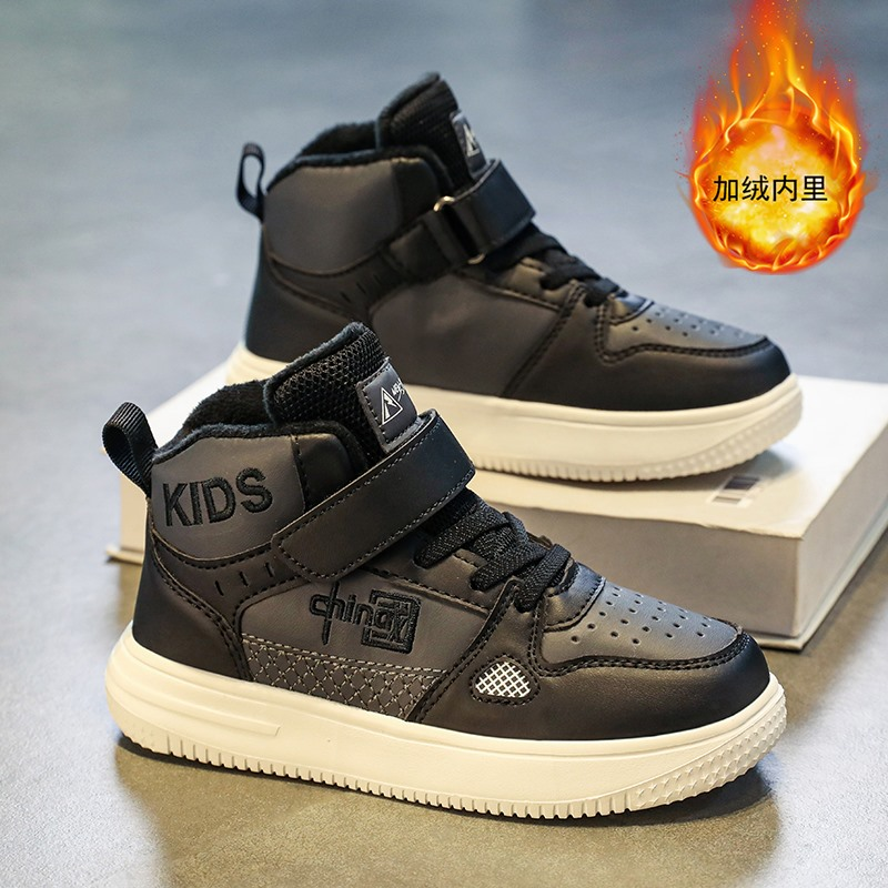 回力特冬季男童二棉鞋2023新款加厚绒保暖黑色高帮运动板鞋青少年