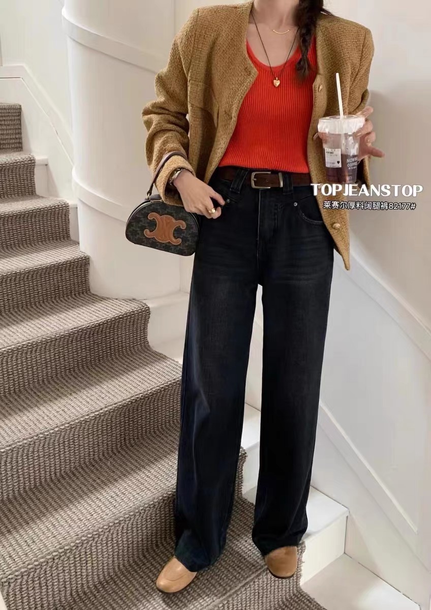 82177#T.O.P冬季加绒加厚黑色高腰阔腿裤宽松直筒显瘦垂感牛仔裤