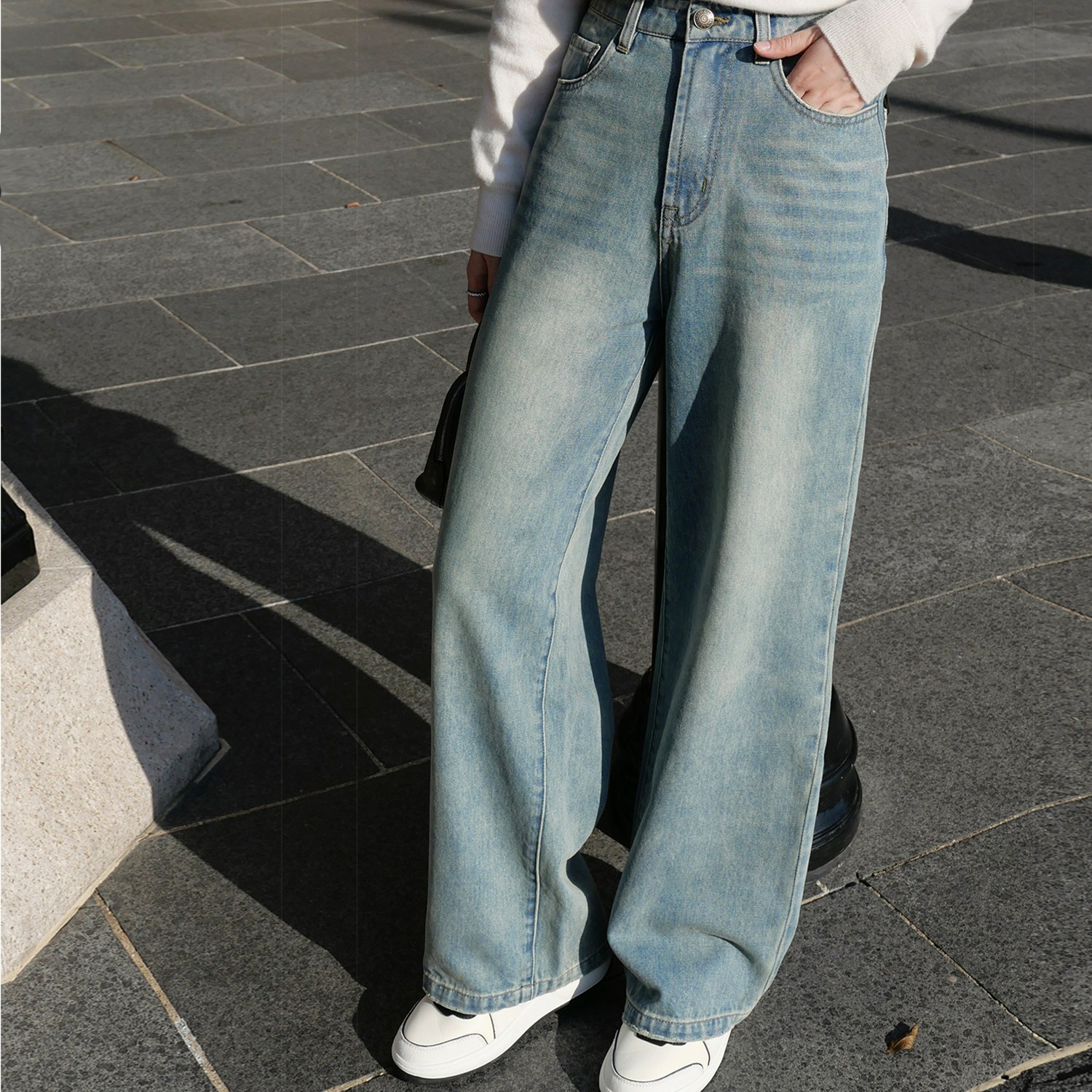 杨小妖row风时装感百搭全棉高腰直筒牛仔裤显瘦阔腿休闲长裤子女