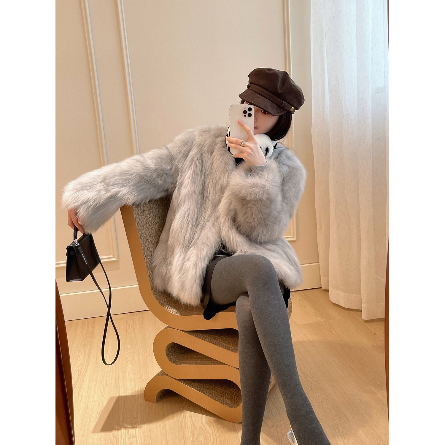 杨小妖格雷少女 狐狸腹毛皮草毛毛外套女韩版V领慵懒风新款