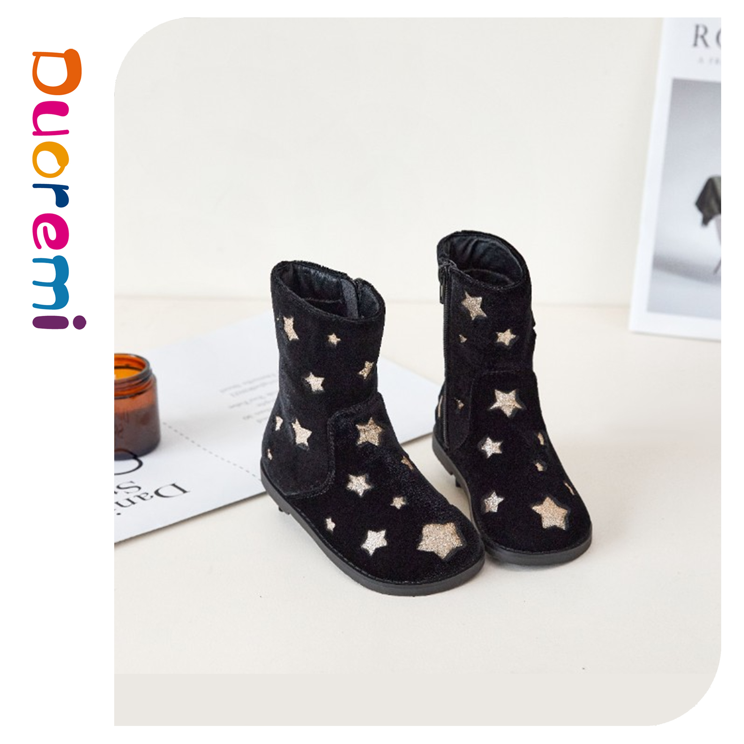 DuoReMi绒面童靴BR2347亮星星丝绒秋冬软底时尚绒面女童中长筒靴