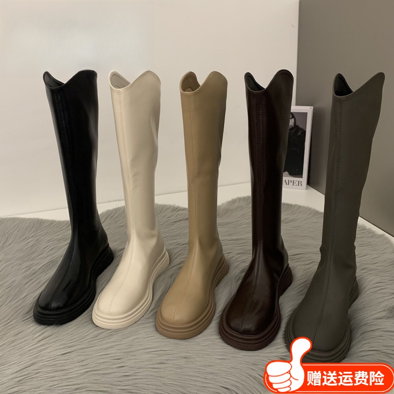 白色马丁靴女长筒骑士靴2023新款秋季棕色高筒显瘦长靴子