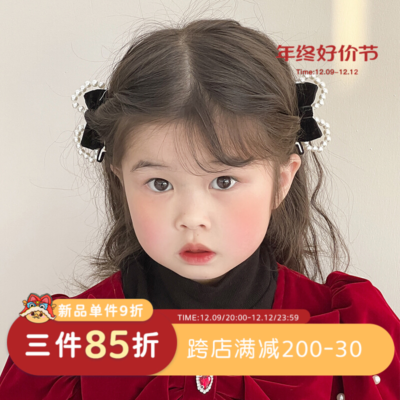 秋冬儿童发夹珍珠蝴蝶结头饰红色新年女孩女童碎发夹子宝宝发饰