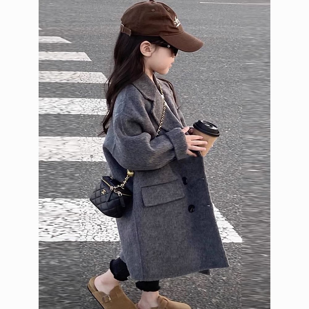 韩版时髦中长款呢子大衣中大童保暖西装领毛呢外套男女童秋冬上衣