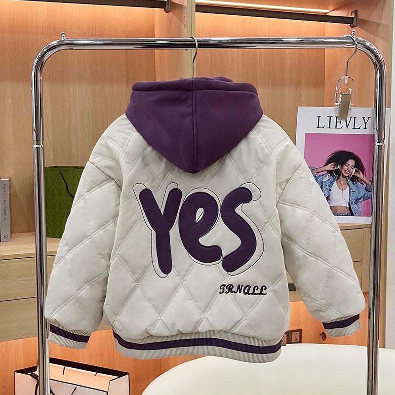 女童拼接夹棉外套2023秋冬款大童时髦洋气连帽加厚球服深秋棉服