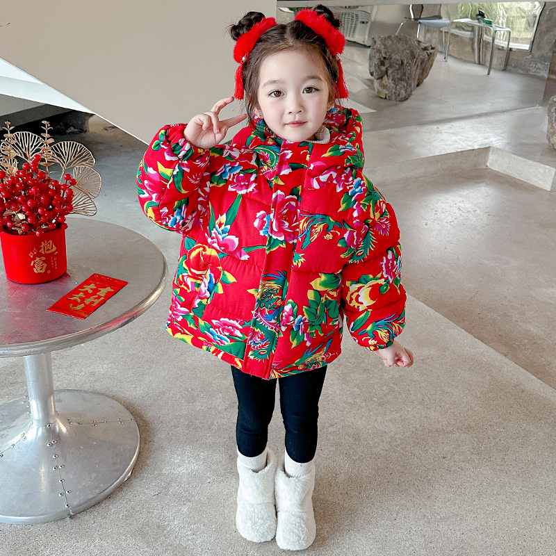 女童东北大花棉袄2023新款冬季儿童大花布衣服女宝宝时髦外套棉服