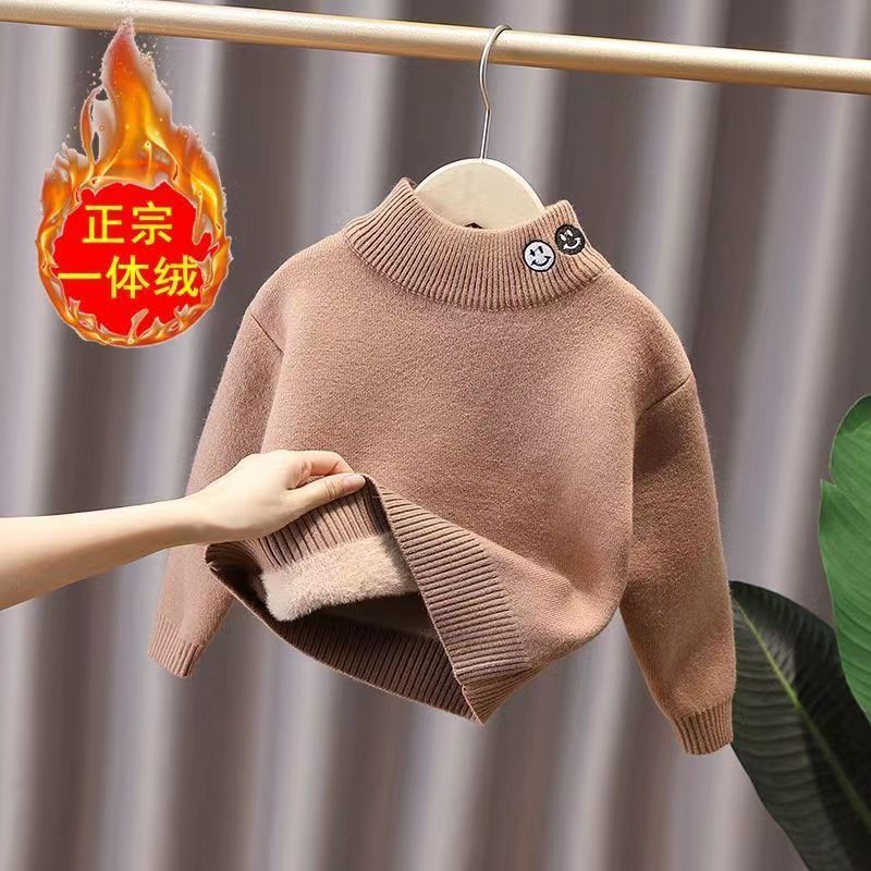 秋冬儿童一体绒毛衣2023加厚半高领新款男女童洋气百搭针织衫毛衣
