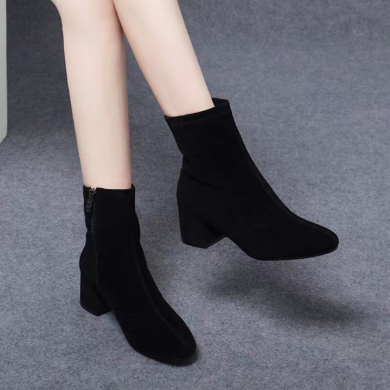 真皮磨砂面短靴女2023年春秋新款圆头粗跟单靴百搭中跟秋冬加绒靴