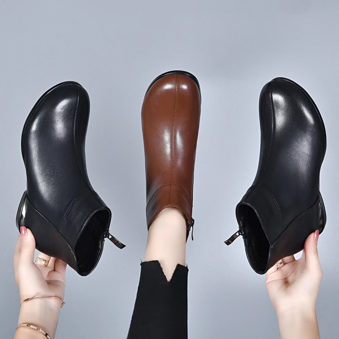 牛皮短筒小裸靴2023年秋冬新款真皮圆头低跟百搭加绒防滑妈妈棉靴