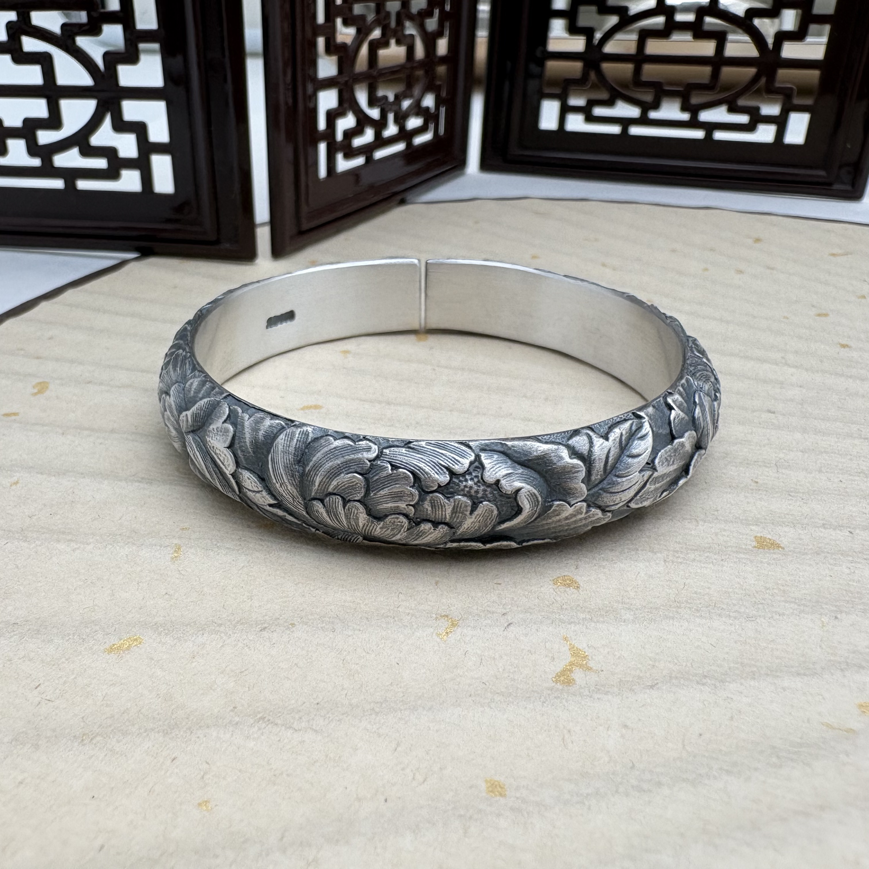 足银手镯 足银手镯银满雕牡丹浮雕传承复古风精美精手工银手镯