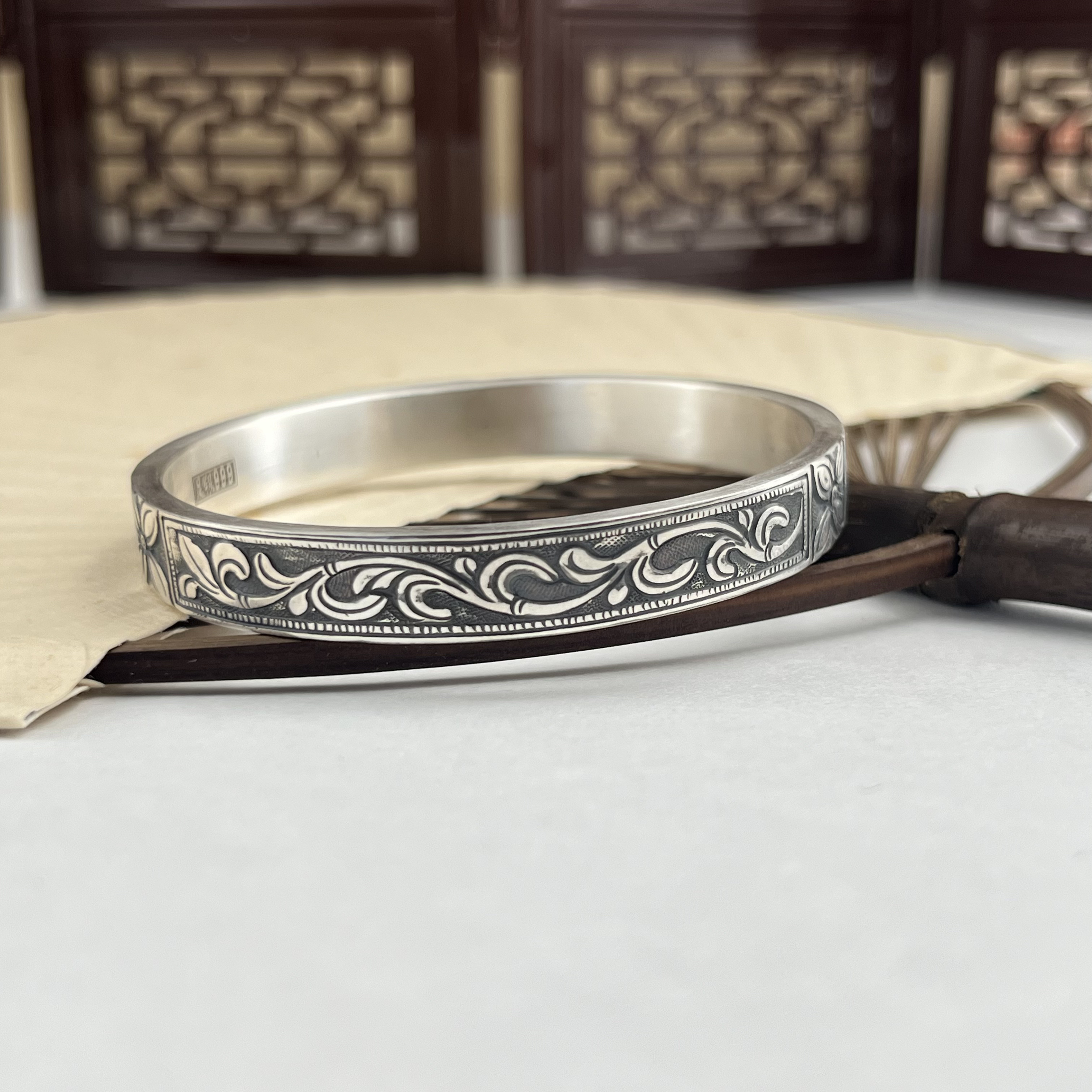 足银手镯 足银扶苏复古卷草纹民族风古典小众百搭女款经典银手镯