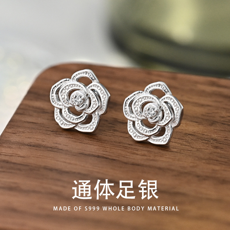 足银耳饰 999足银小香风山茶花耳饰
