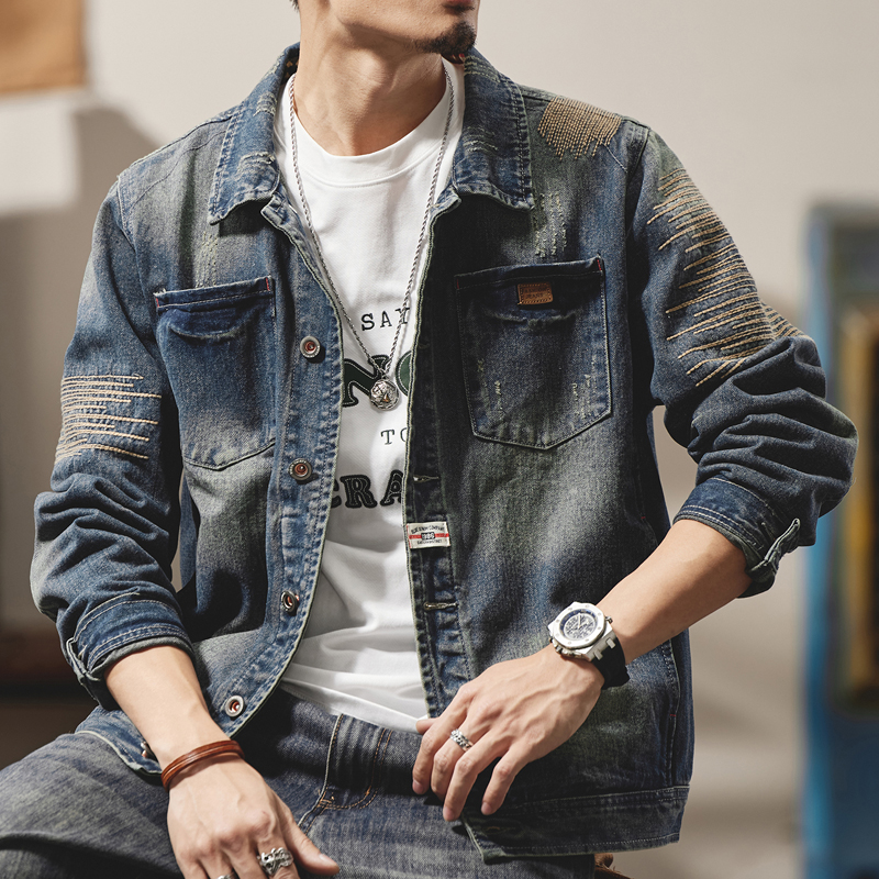 刺绣牛仔外套春秋款男装帅气新款潮流复古机车夹克衫休闲牛仔上衣