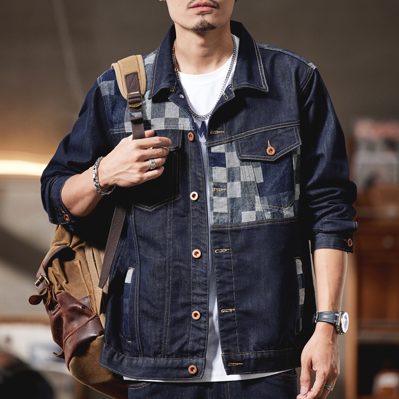 欧美高端牛仔外套男装格子潮流夹克春秋季美式男士工装拼接牛仔衣
