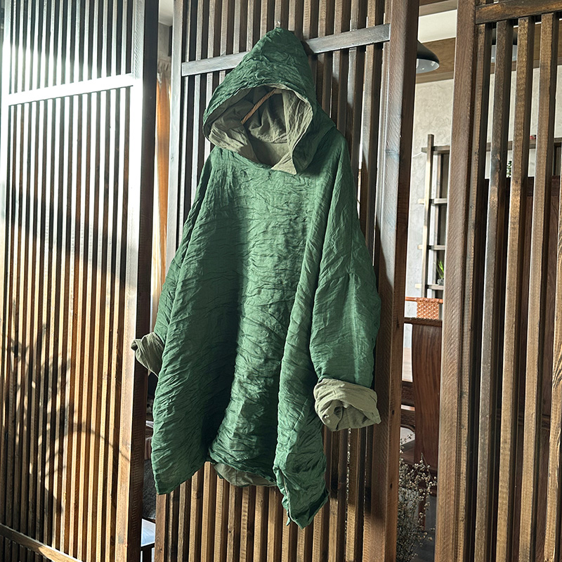 4213原创自制苎麻双层中长款连帽宽松外套 文艺复古百搭休闲风衣