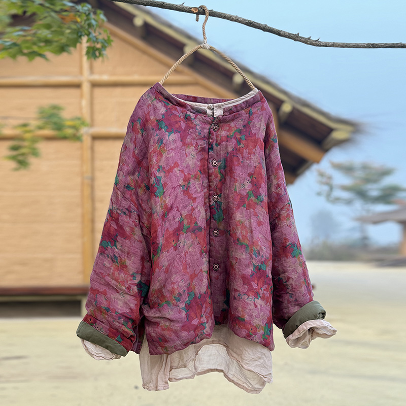 4383高支数码印花苎麻夹棉小袄宽松开衫文艺小立领棉衣轻柔棉服