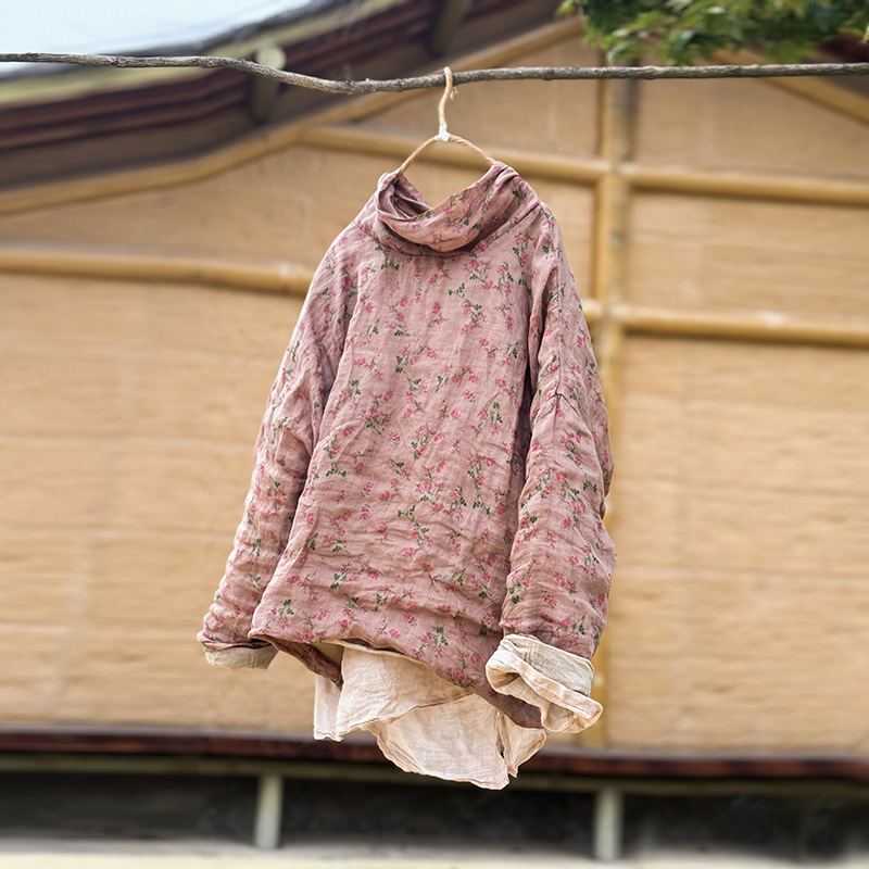 4375高支数码印花苎麻加里布女式高领衬衫 春秋款休闲套头外套