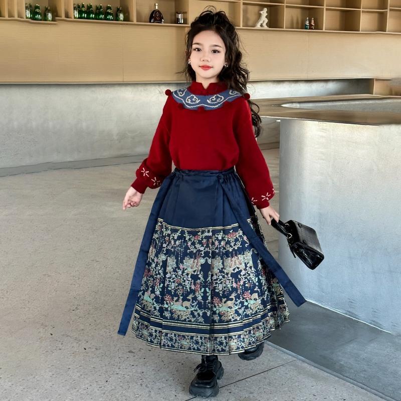 童装中式祥云女童毛衣圣诞新年2023冬装新款儿童古装拜年服酒红色