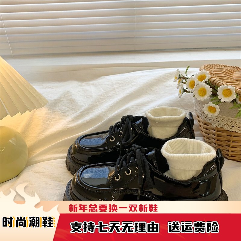 厚底增高系带小皮鞋女2023年秋冬季新款复古英伦风百搭加