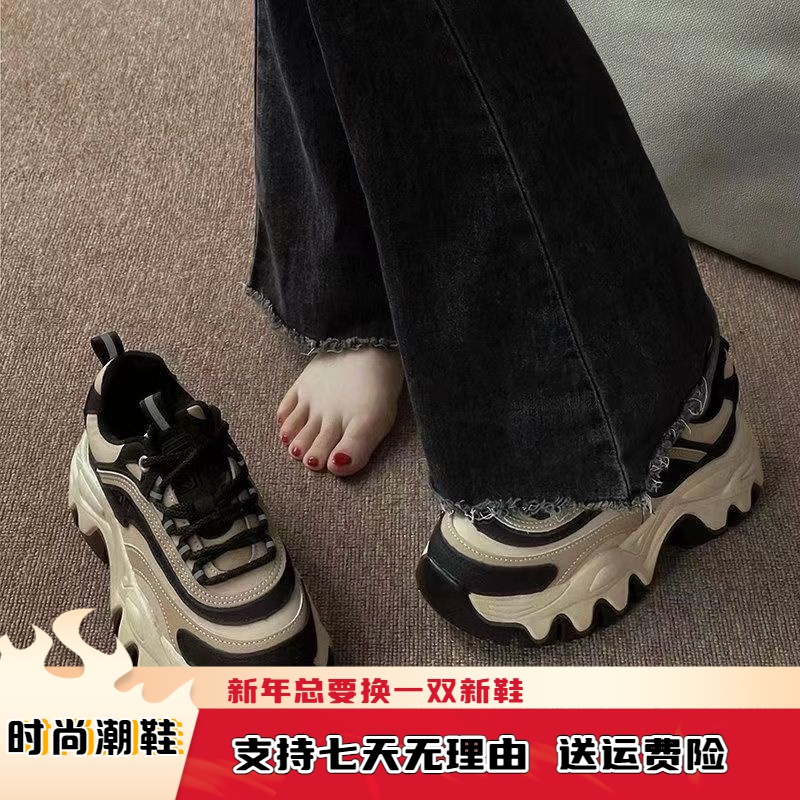 网红秋季百搭韩版黑色胶粘超火增高老爹鞋女秋季新款厚底