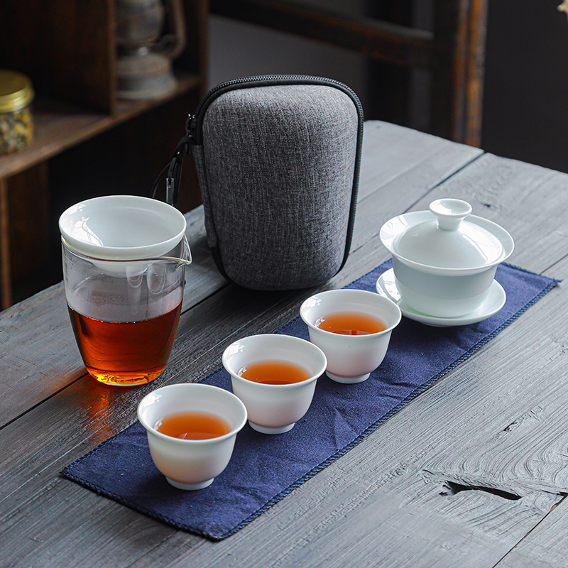 盖碗一壶四杯玻璃快客杯三杯旅行茶具套装便携包户外旅游