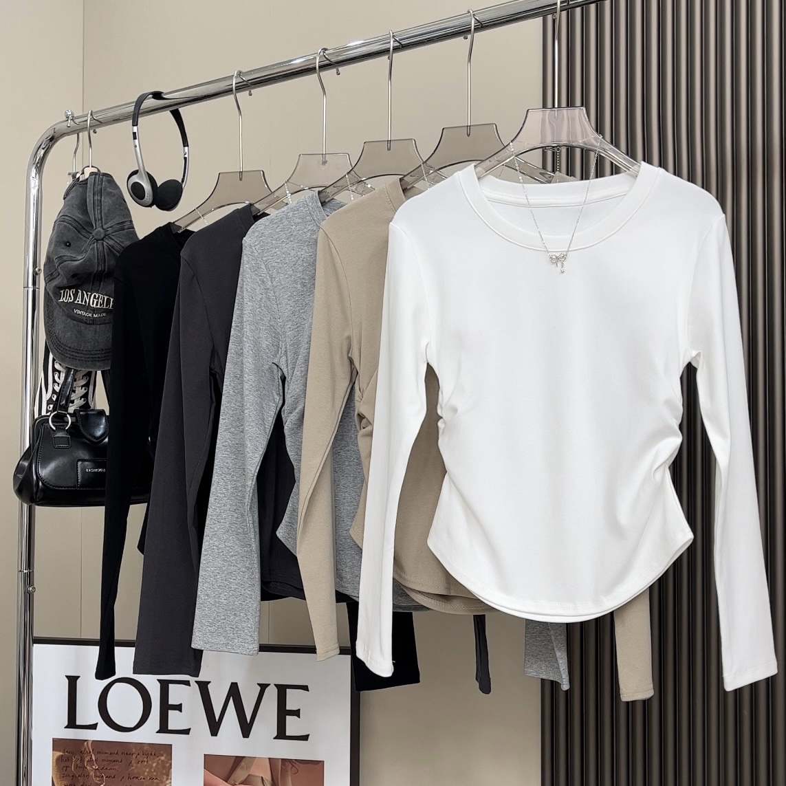 【加绒现货】秋冬季圆领V领褶皱收腰显瘦加厚加绒长袖正肩打底t恤女