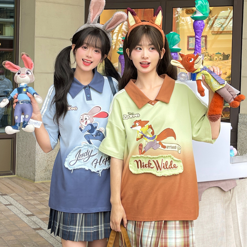 疯狂动物城联名朱迪尼克森女部落原创扎染渐变polo衫短袖闺蜜T恤