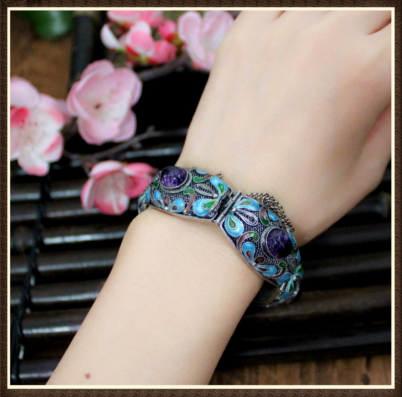 润宝斋 花丝珐琅 嵌天然紫水晶手链银 古法手工 仿古宫廷中国风