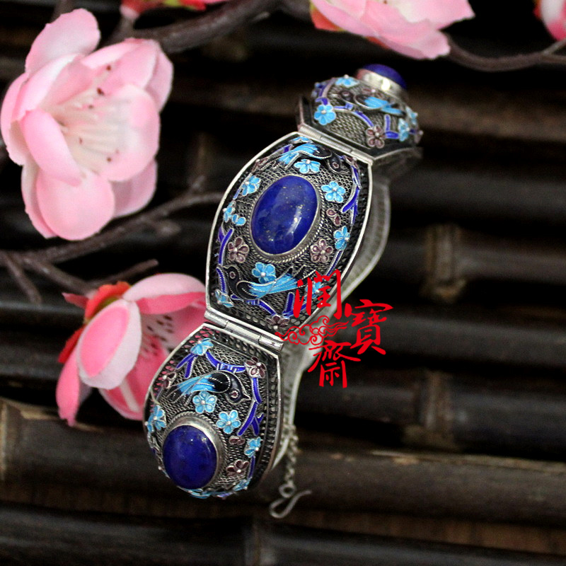 润宝斋 花丝珐琅 嵌青金石传统古典喜鹊登梅手链男女款手工银掐丝