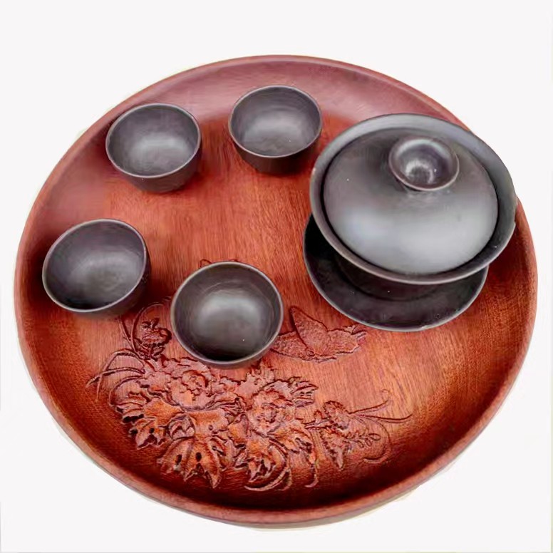 乌檀木整木雕刻花好月圆水果盘精典仿古香樟木干泡茶盘蝶恋花圆盘
