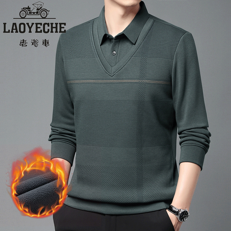 老爷车男士冬季衬衫领长袖毛衣加绒加厚中青年轻商务内搭打底衫