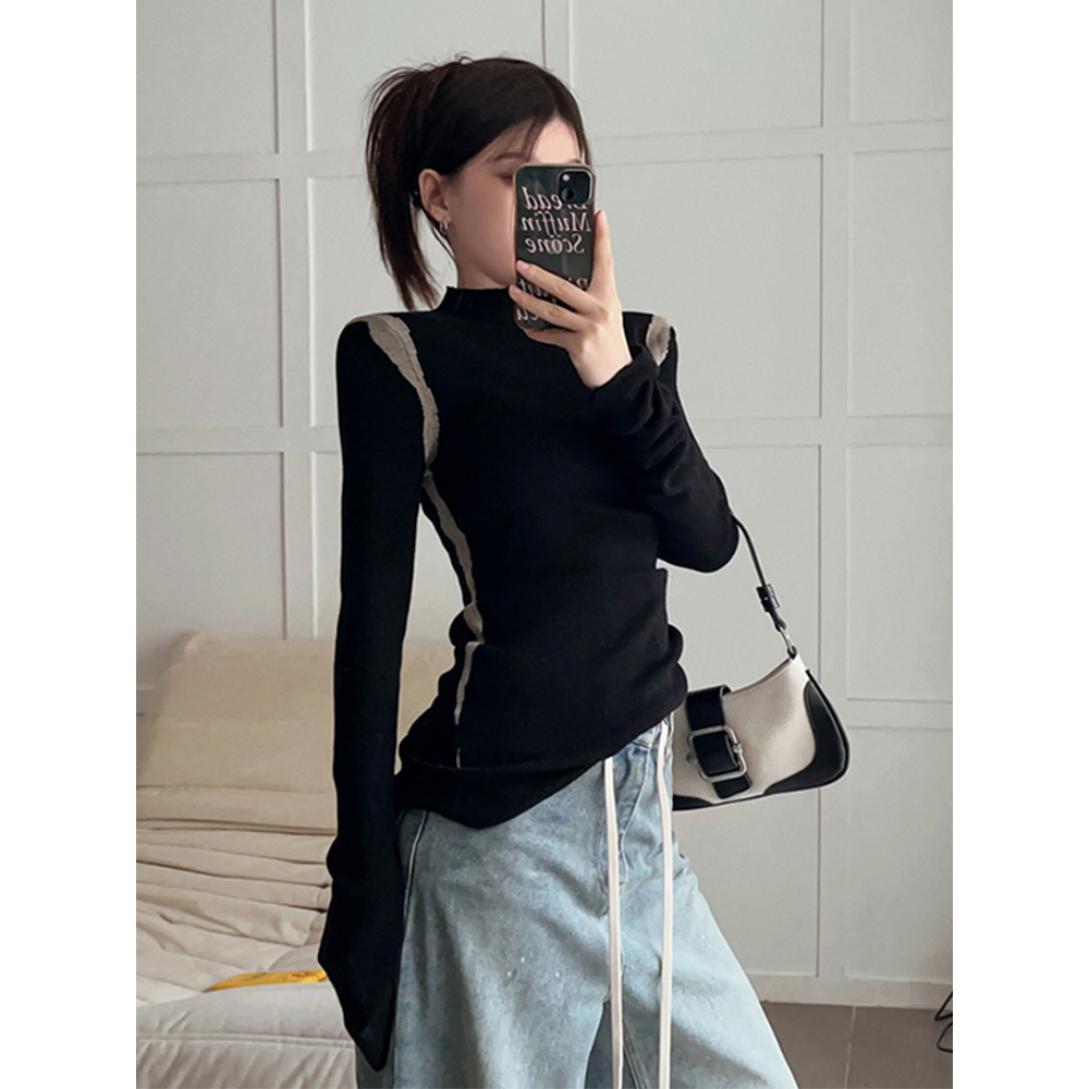 黑色半高领针织衫女秋冬高级感修身显瘦内搭打底衫长袖毛衣上衣