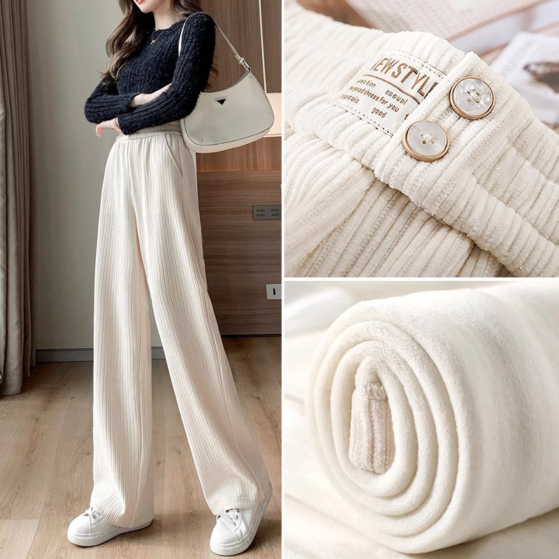 艾格丽芙琳雪尼尔加厚阔腿裤女2023秋冬新款高腰垂感加绒休闲裤子