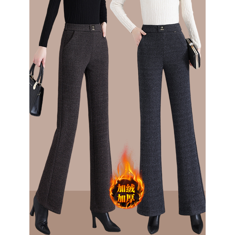 艾格丽芙琳加绒毛呢微喇叭裤女2023冬季新款加厚高腰休闲长裤棉裤