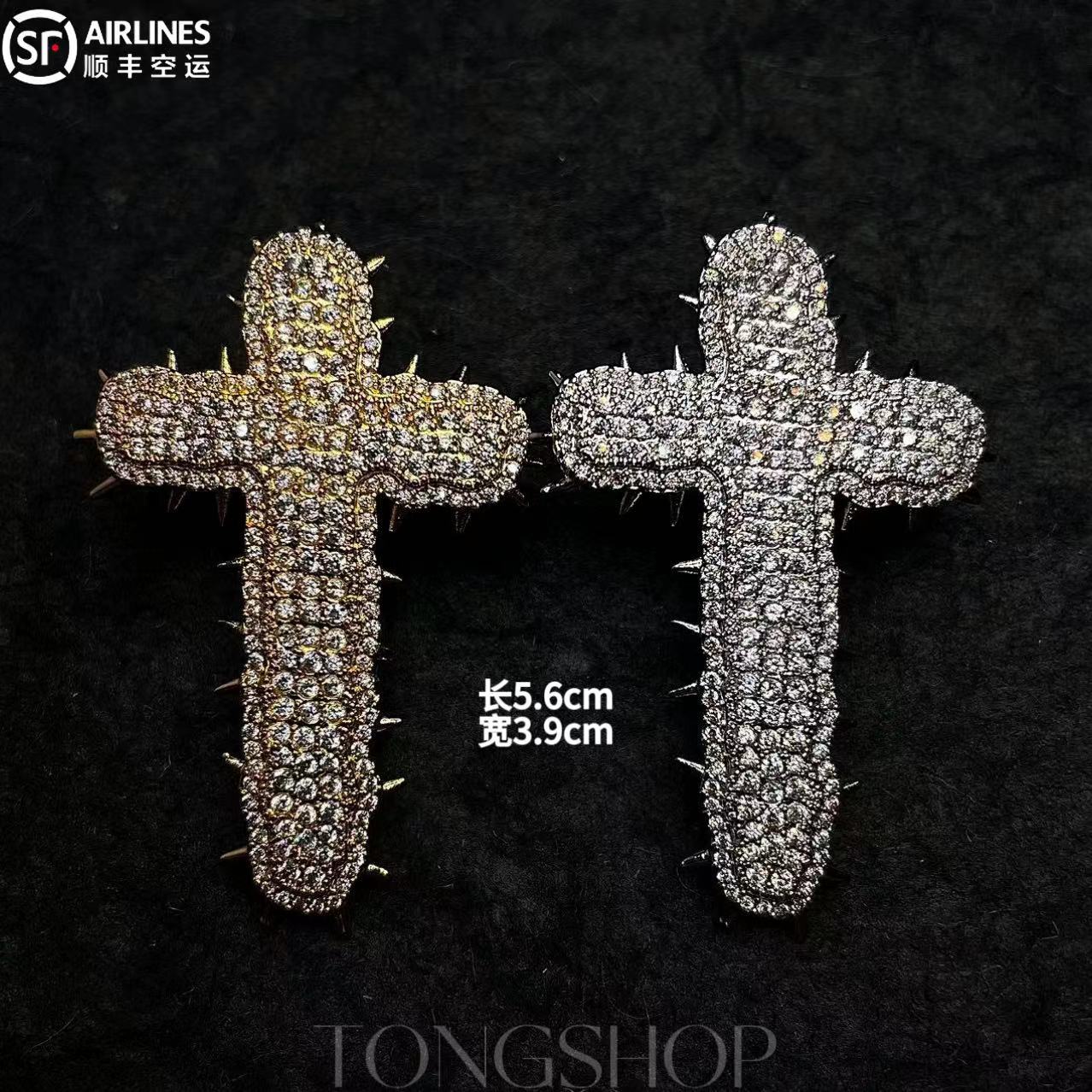 铜合金合成锆石吊坠 TONGSHOP 荆棘十字架吊坠满钻小众暗黑十字架