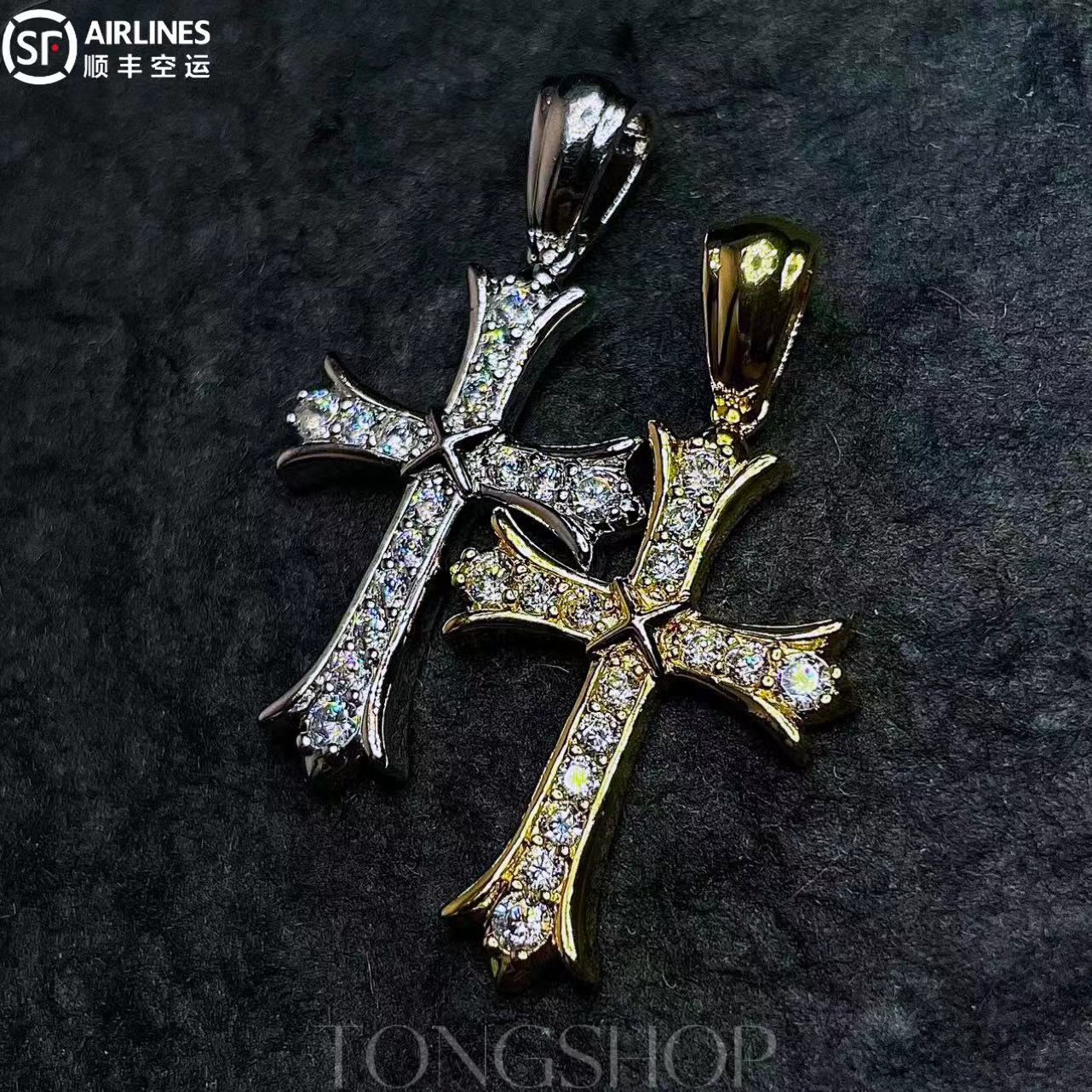 铜合金合成锆石吊坠 TONGSHOP CH风格十字架坠链满钻手工小众轻奢