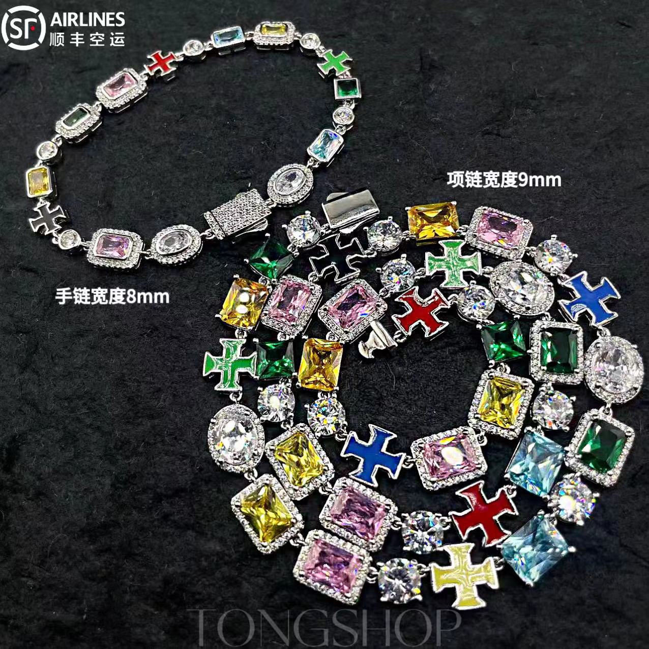 铜合金合成锆石手链 TONGSHOP 彩色宝石十字架手链项链复古小众