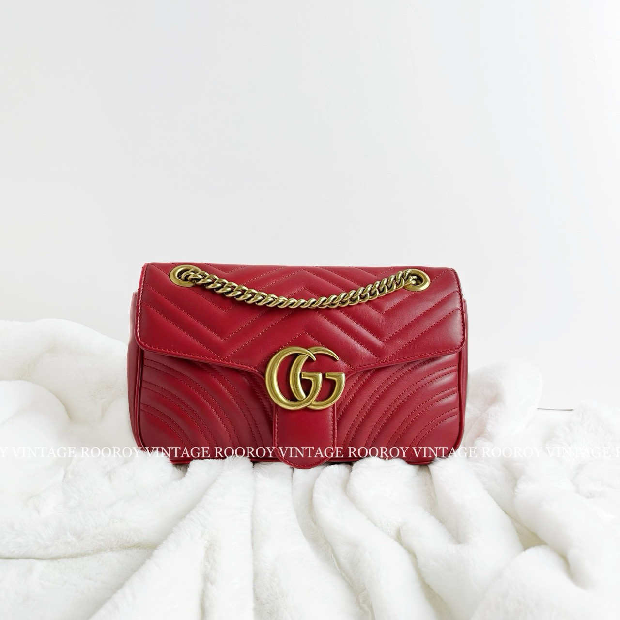 95新 GUCCI/古驰 Marmont 26 红色 金扣 链条包/0463