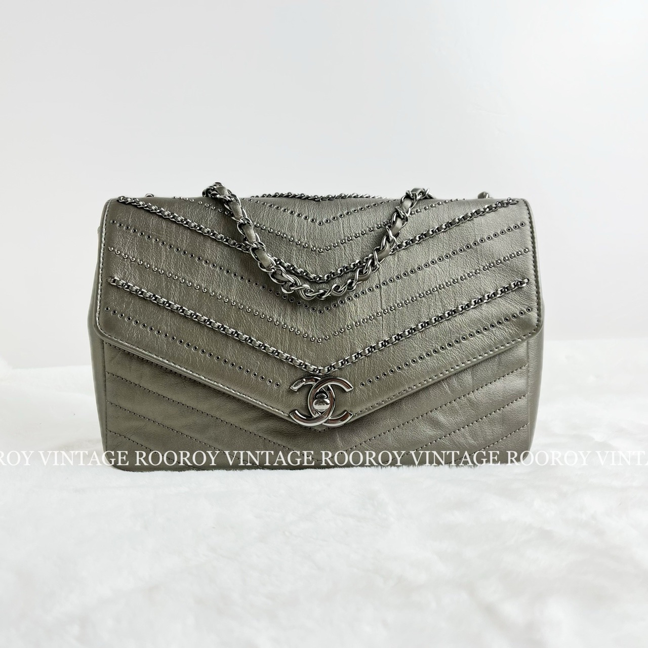 95新 Chanel/香奈儿 银灰色 牛皮 单肩包/5558