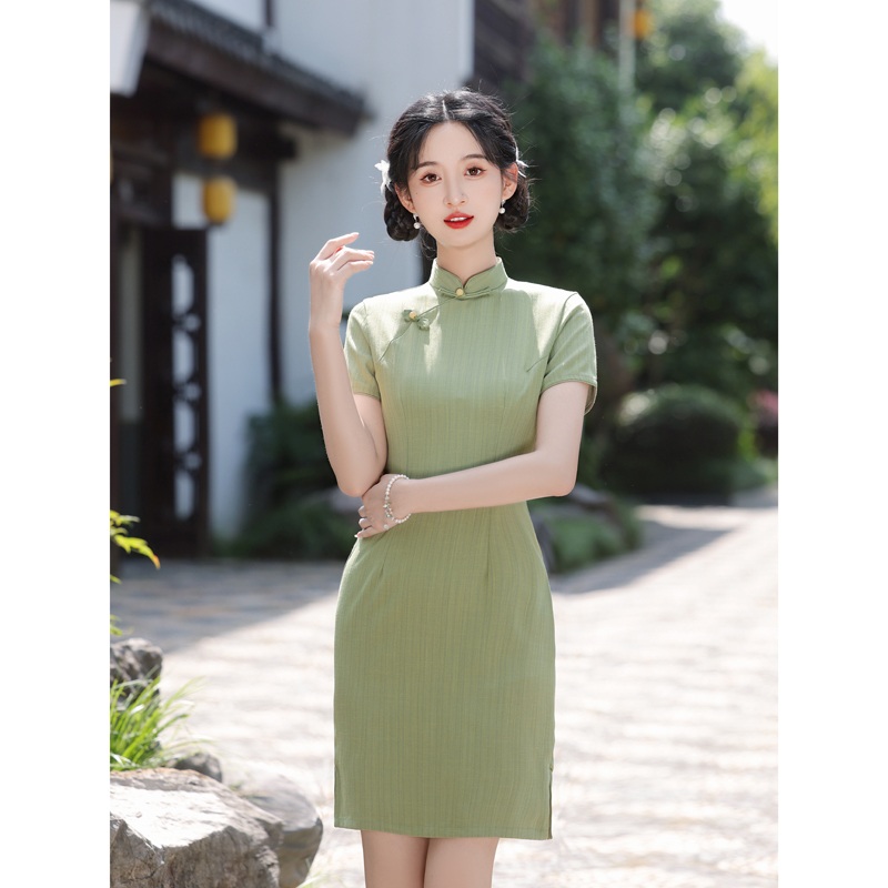 绿色送考高考旗袍2025年夏季新款改良版连衣裙修身显瘦短款小个子