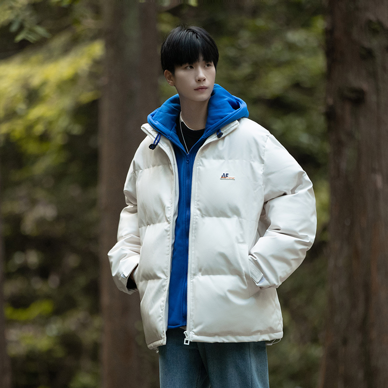 啄木鸟新款棉服男pu皮冬季棉衣外套宽松连帽港风潮流假两件棉服潮