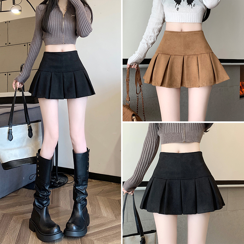 复古辣妹鹿皮绒百褶裙短裙女2025秋冬高腰百搭包臀A字显瘦半身裙