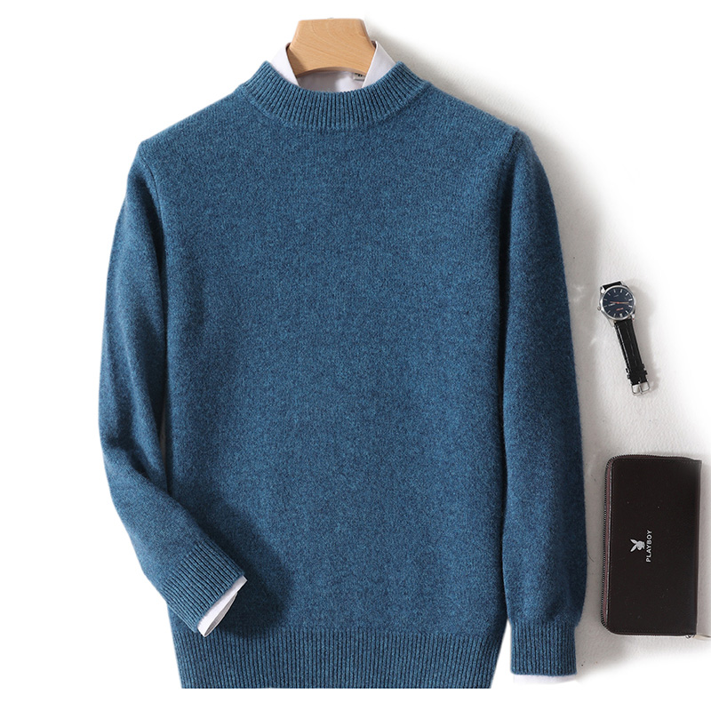 青少年七针三股加厚100%纯羊毛衫半高领毛衣宽松中领打底针织圆领