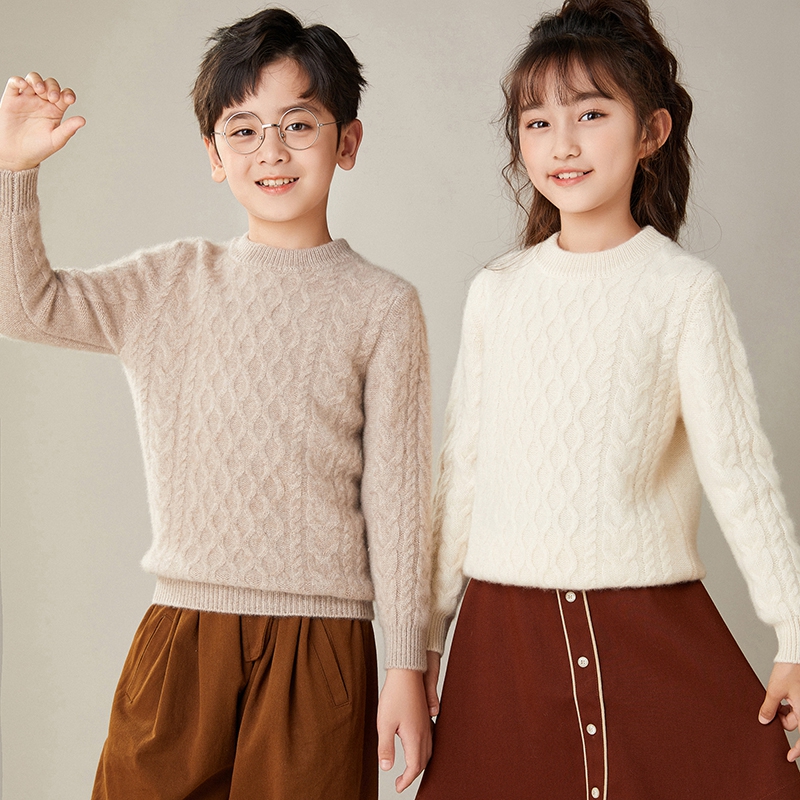100%羊毛5针加厚秋冬扭花儿童羊绒衫半高圆领男女孩套头巨厚毛衣